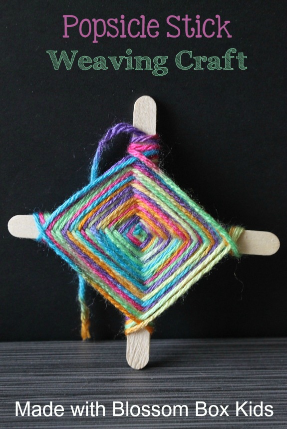 Make an easy weaving craft out of Popsicle sticks and colorful yarn with the supplies and directions from Blossom Box Kids. 