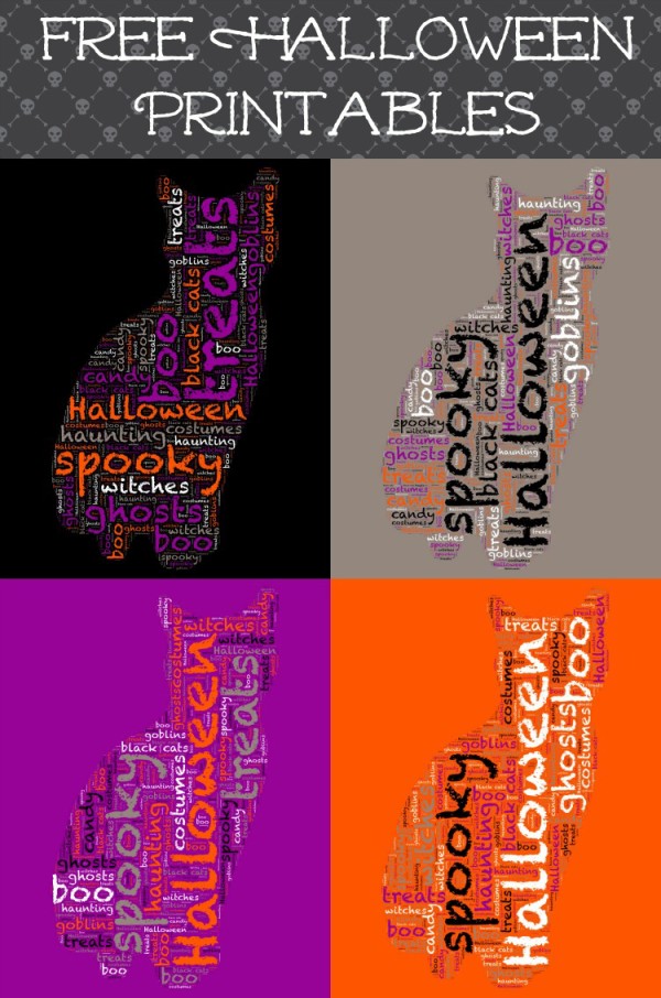 Fun little free Halloween word art printable in a the shape of a cat. Comes in 5 colors, so it matches any Halloween decor theme!