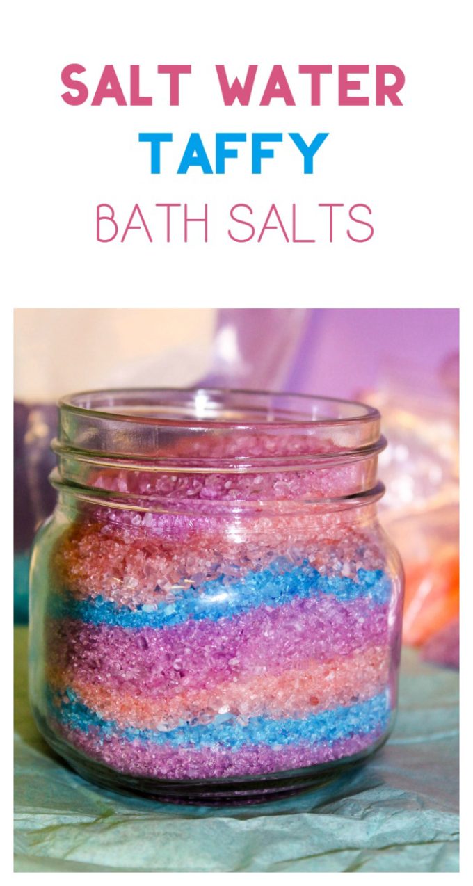 Bring back your favorite summer memories at the beach with this bath salt recipe inspired by salt water taffy! I used lemon, orange and vanilla scents in mine. Check it out!