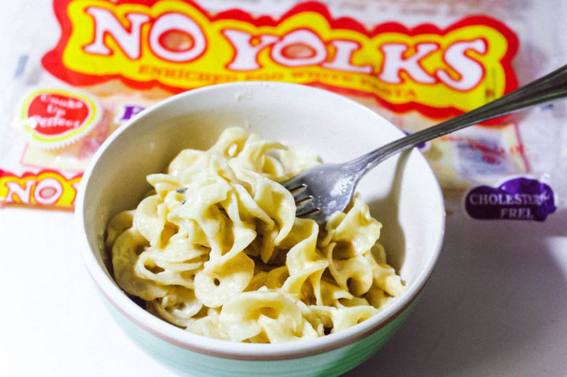 Get dinner on the table in just about 10 minutes with this easy cheesy No Yolks noodle recipe! 