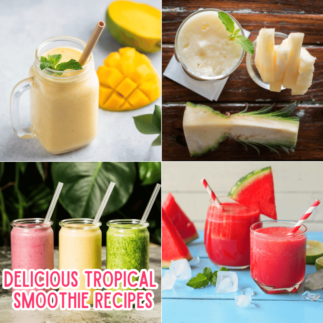 Collage of 4 different tropical smoothies, including pineapple, mango, watermelon, and a group of three different smoothies in one picture