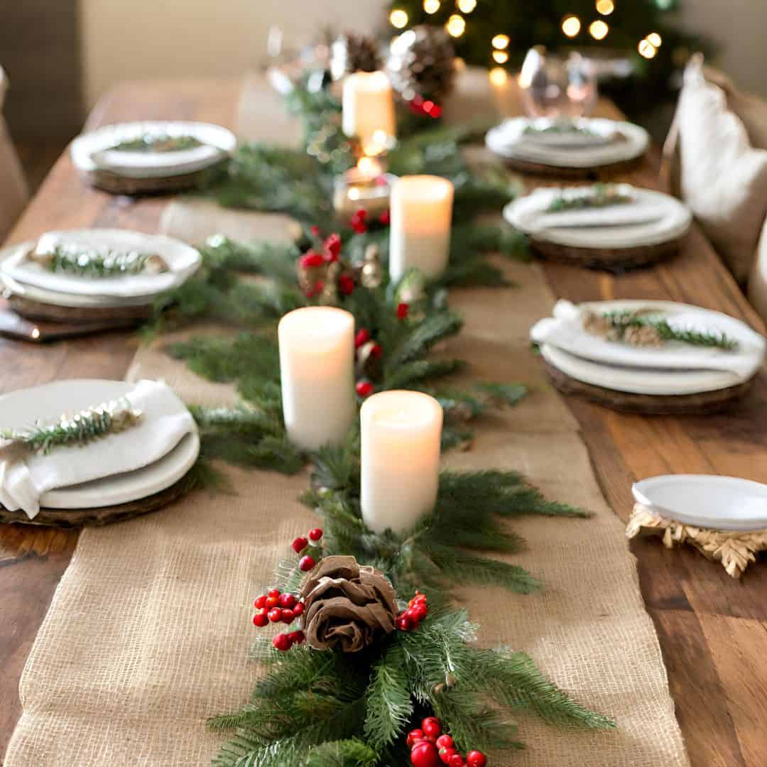 Burlap rustic table runner with christmas garland and pinecones