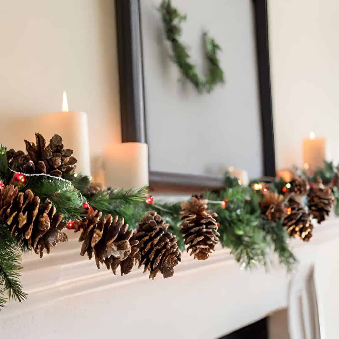 Festive Pinecone Garland along a holiday fireplace mantle