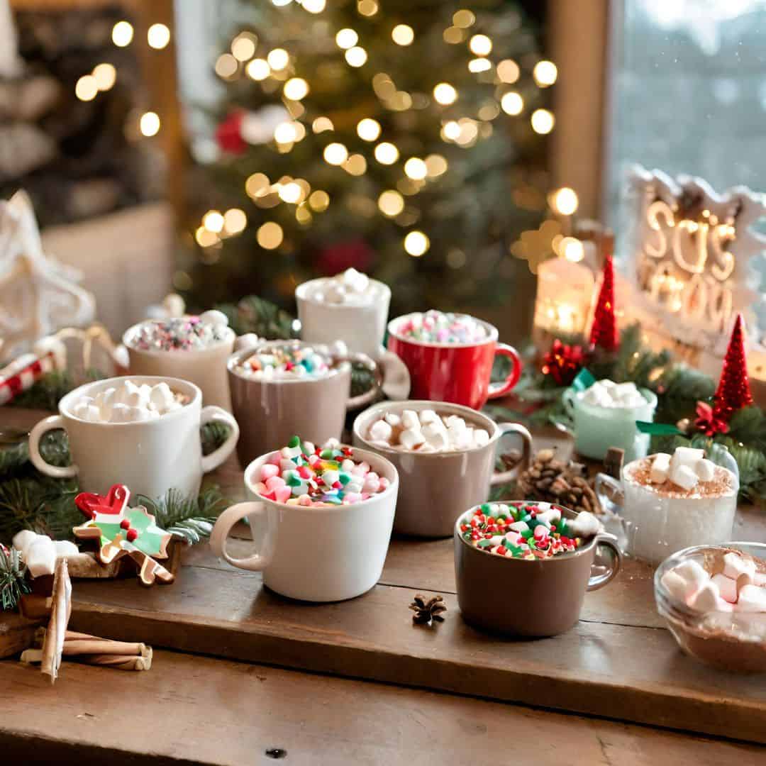 A cozy and inviting hot cocoa station set up on a rustic wooden table, with various toppings such as marshmallows, whipped cream, and sprinkles, surrounded by festive Christmas decorations.